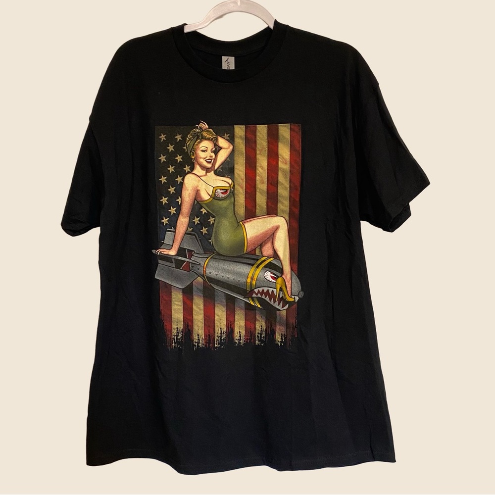 XL Men’s Black Tee with Vintage Pin-Up Woman on Rocket Graphic NWT